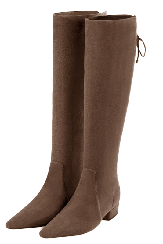 Chocolate brown women's knee-high boots, with laces at the back. Tapered toe. Low block heels. Made to measure. Front view - Florence KOOIJMAN